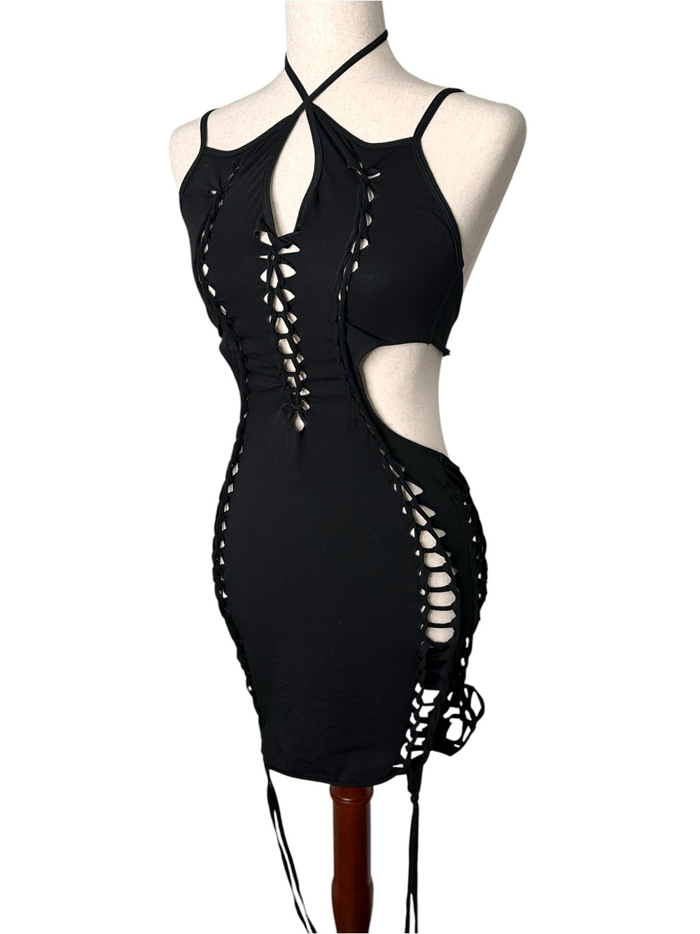 Dolls Kill Darker Waves Shredded Black Cutout Lace-up Bodycon Rave Mini Dress - Picture 6 of 15